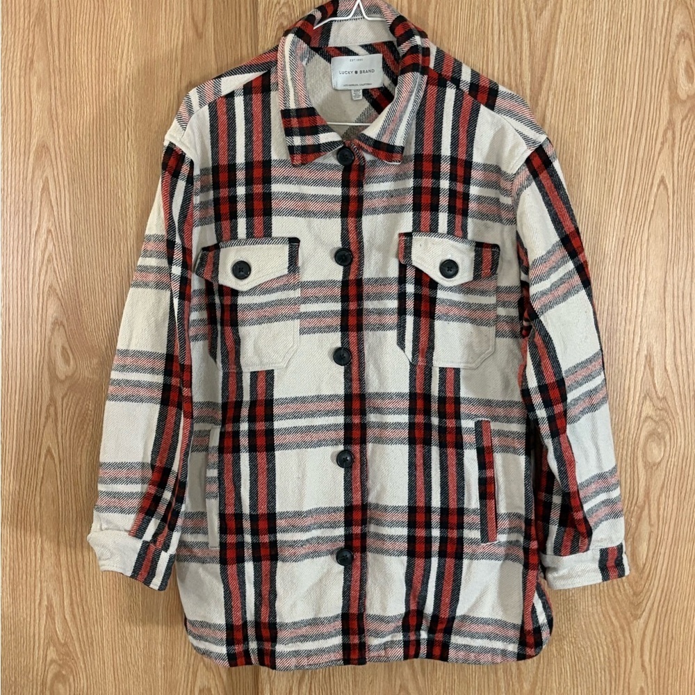 Lucky Brand Cream and Red Plaid Flannel Heavyweight Shirt Jacket